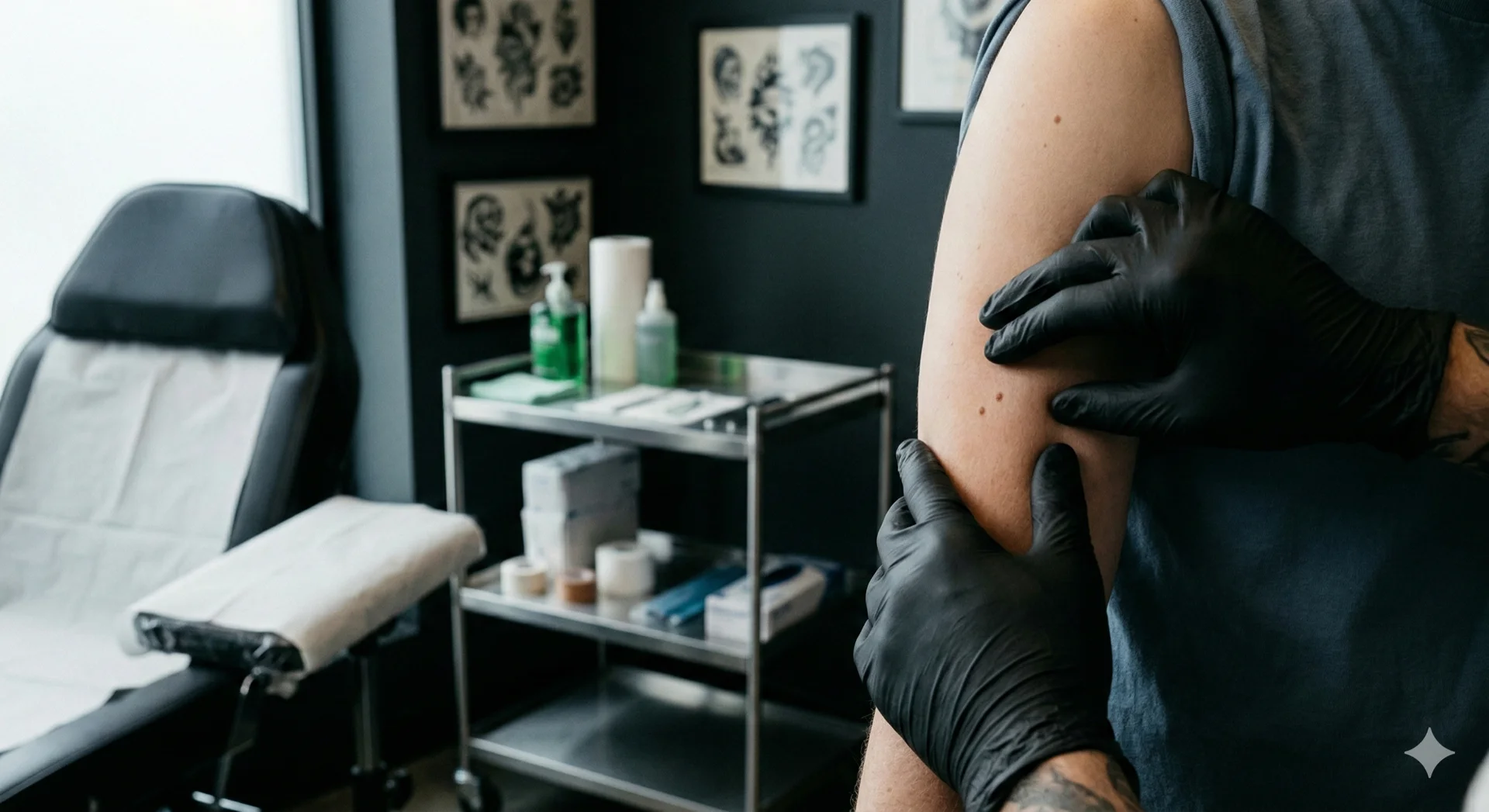 Tattoo artist station with professional tools in soft late-winter light