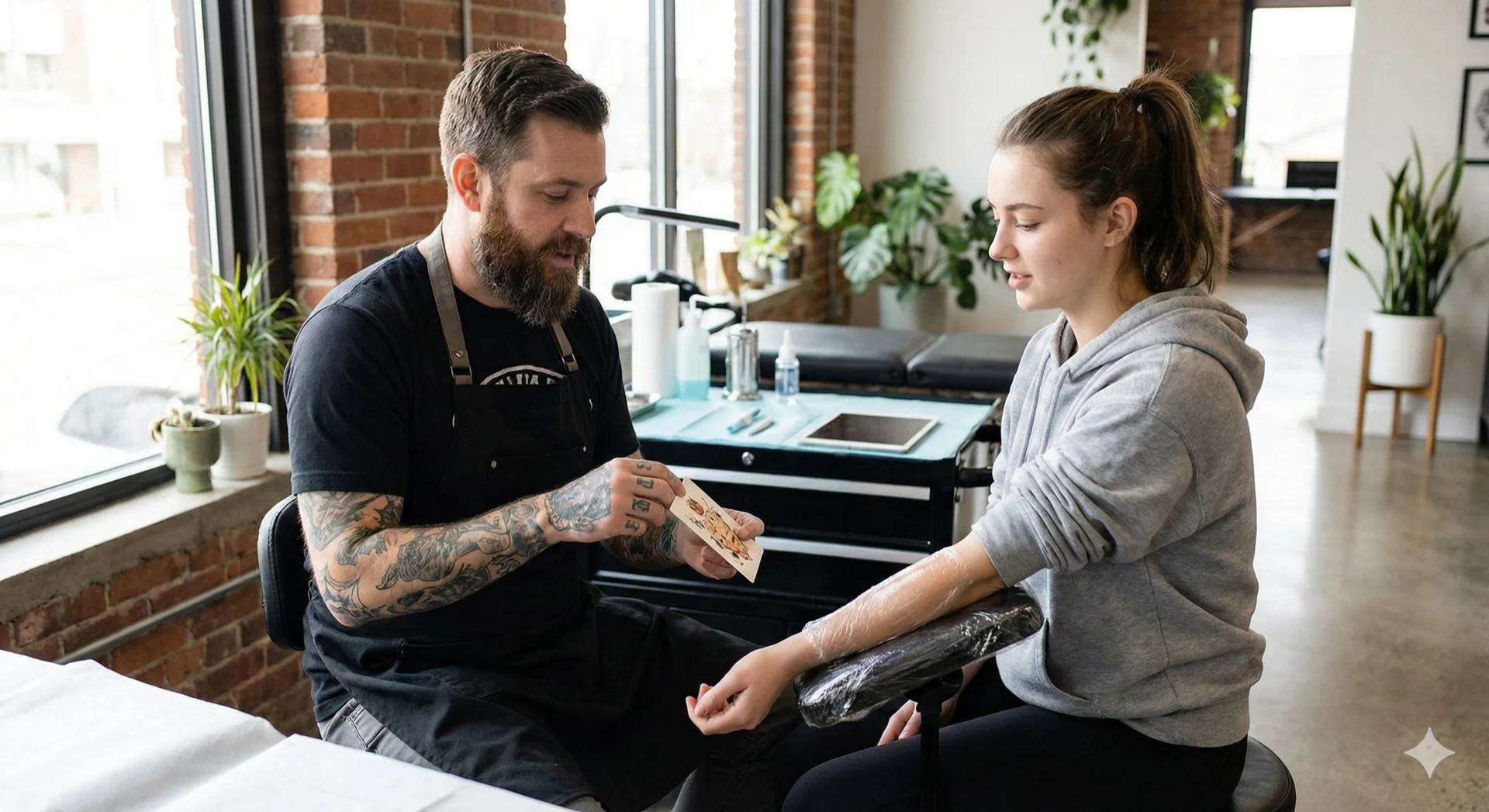 Tattoo artist discussing aftercare instructions with client
