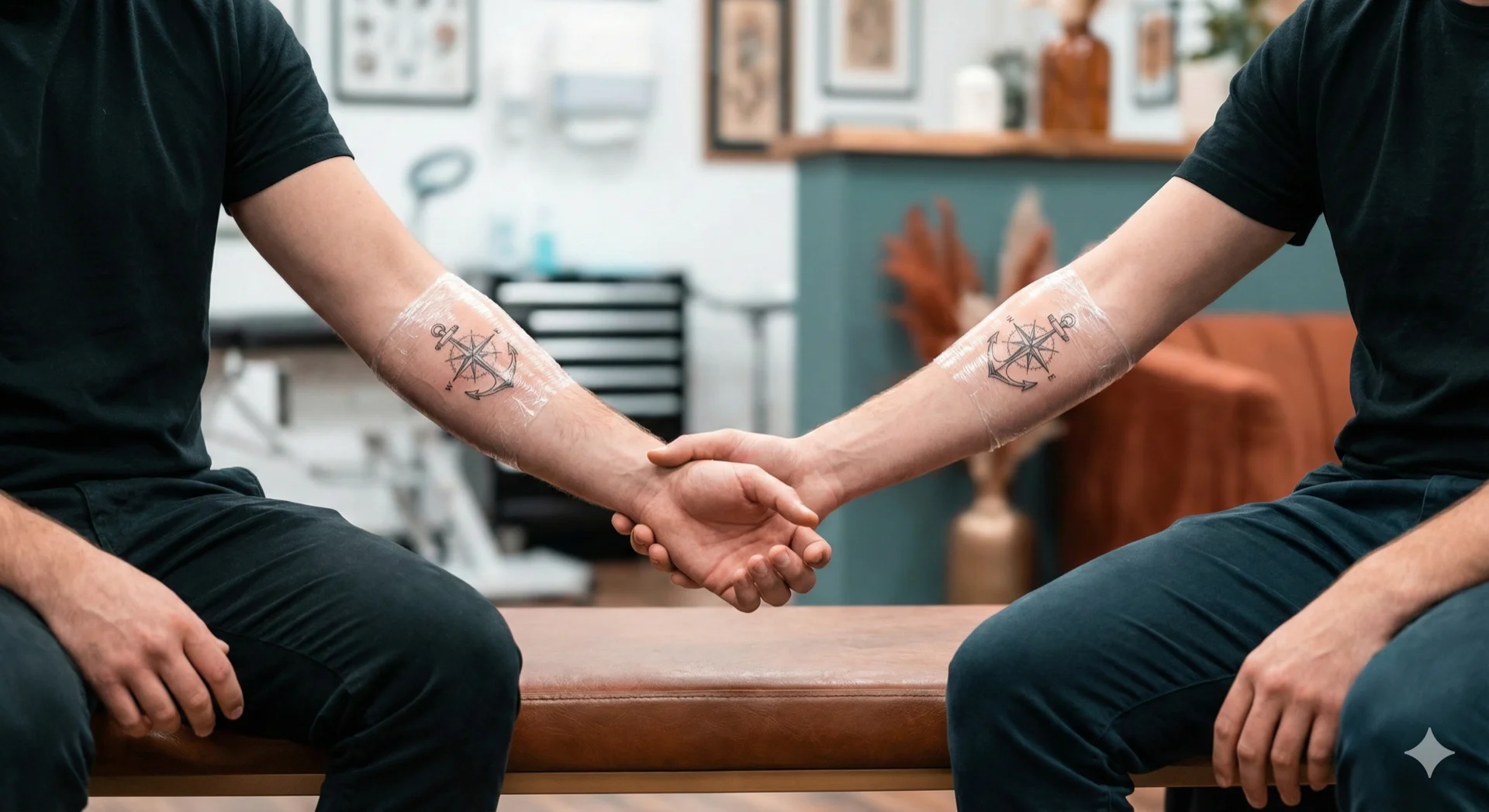 Couple showing off matching tattoos