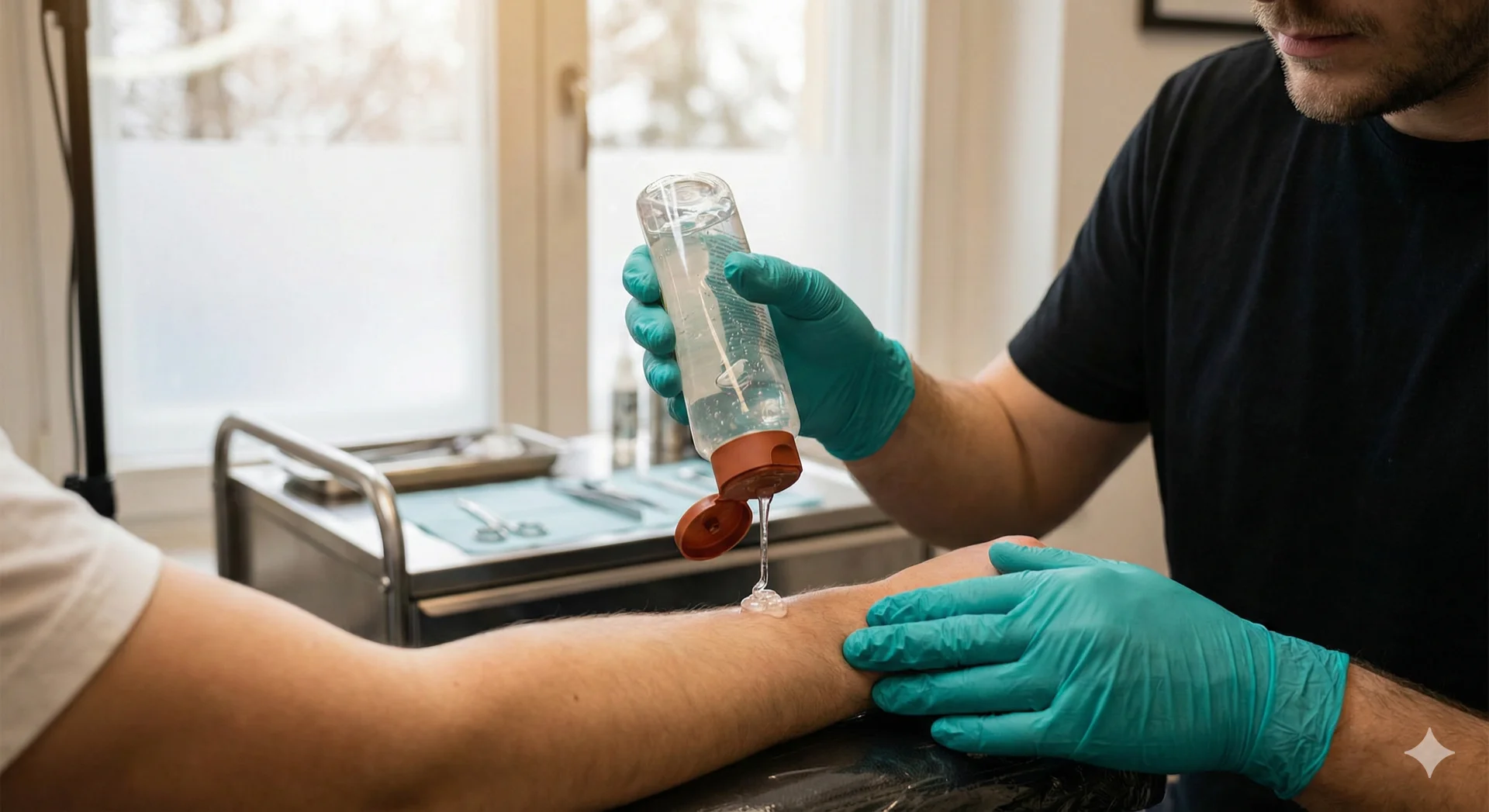 Tattoo artist preparing client skin for winter session