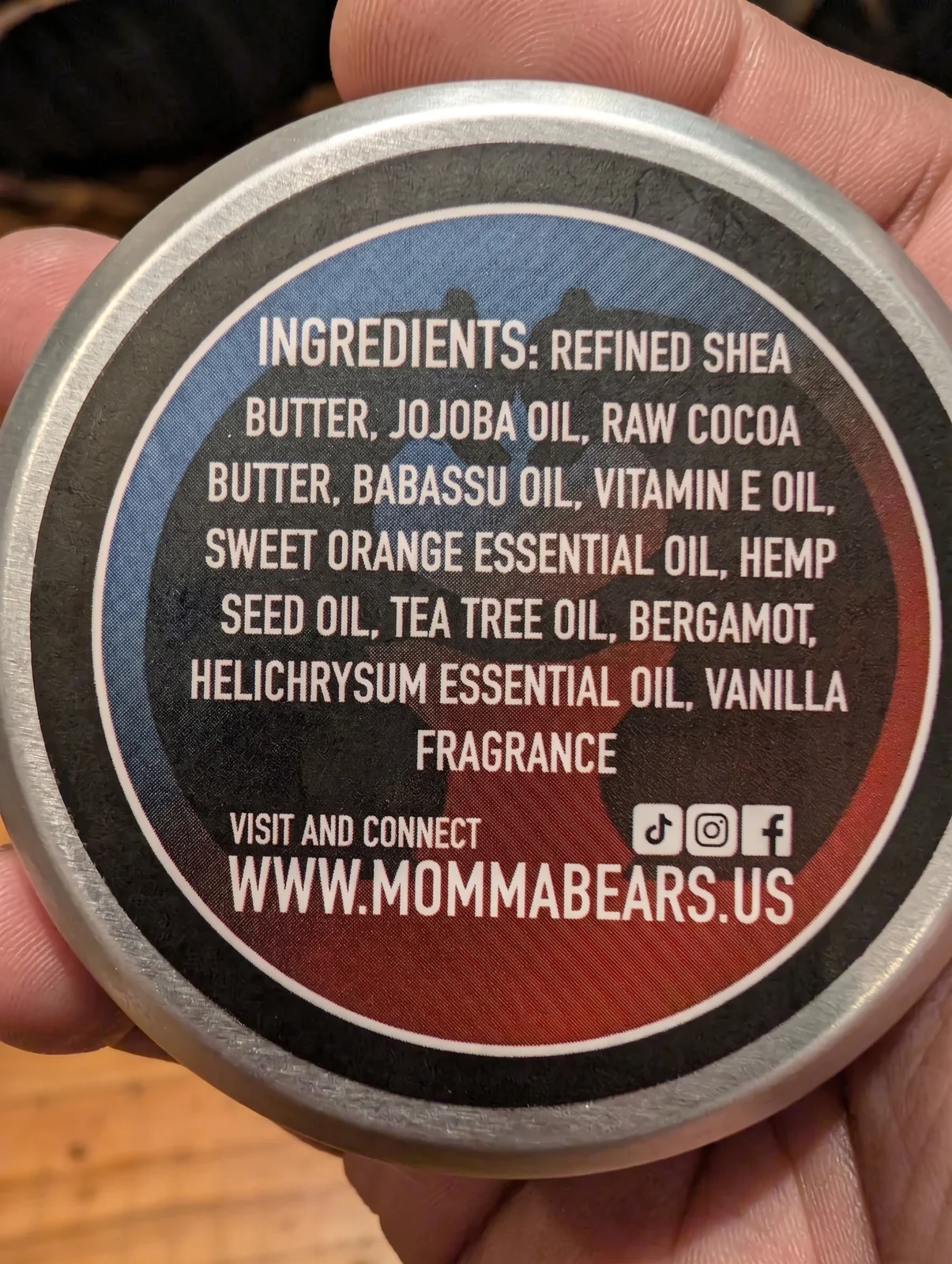 Tattoo Luv ingredient list, printed on the tin